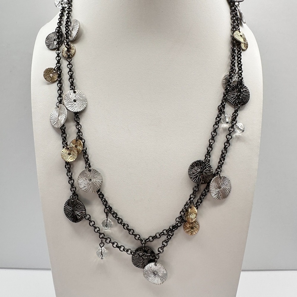 Vintage 90s Multi Strand Clear Beaded Glass Disc Necklace Boho Jewelry